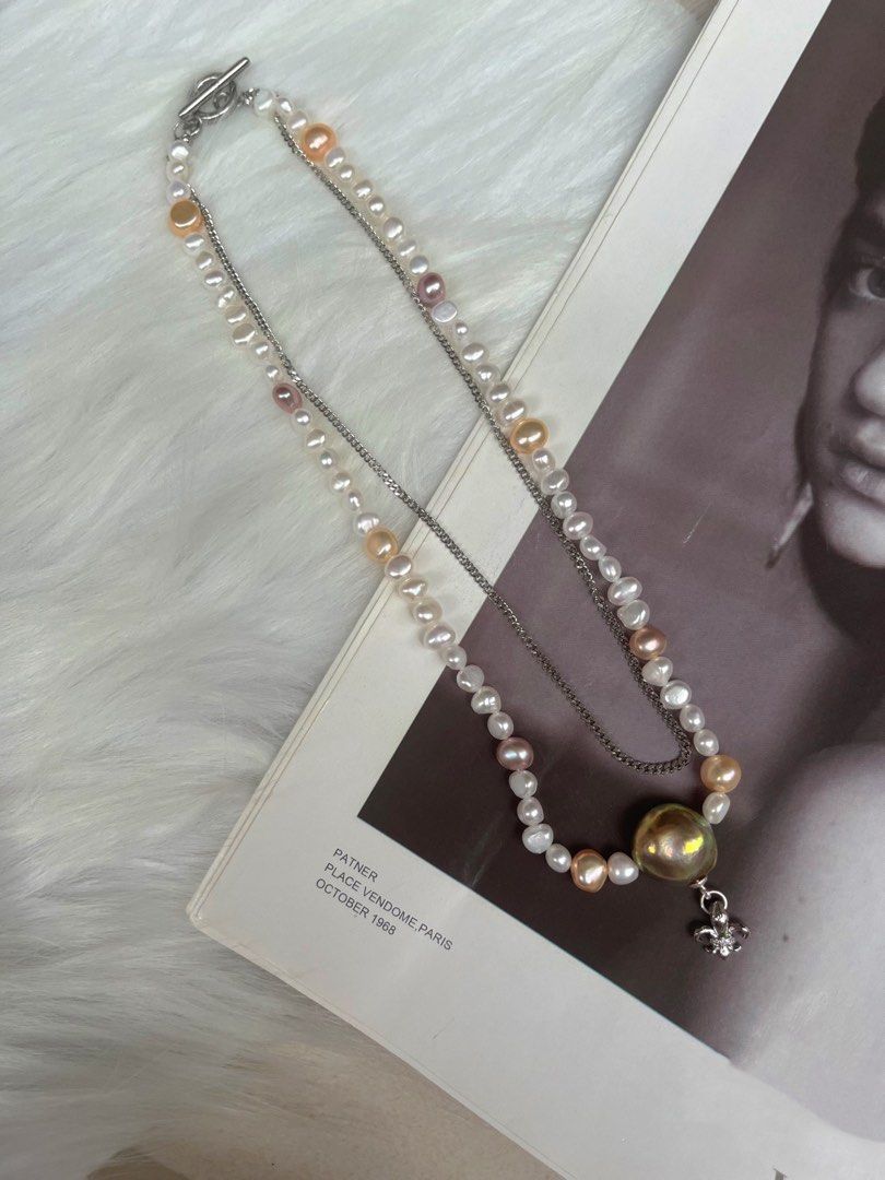 #PN524 Green & Silver|Freshwater Pearl Necklace |Double-layered|Cool & Vintage Style