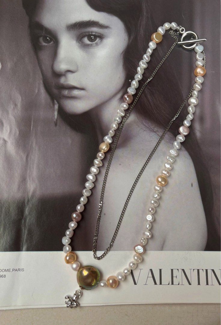 #PN524 Green & Silver|Freshwater Pearl Necklace |Double-layered|Cool & Vintage Style