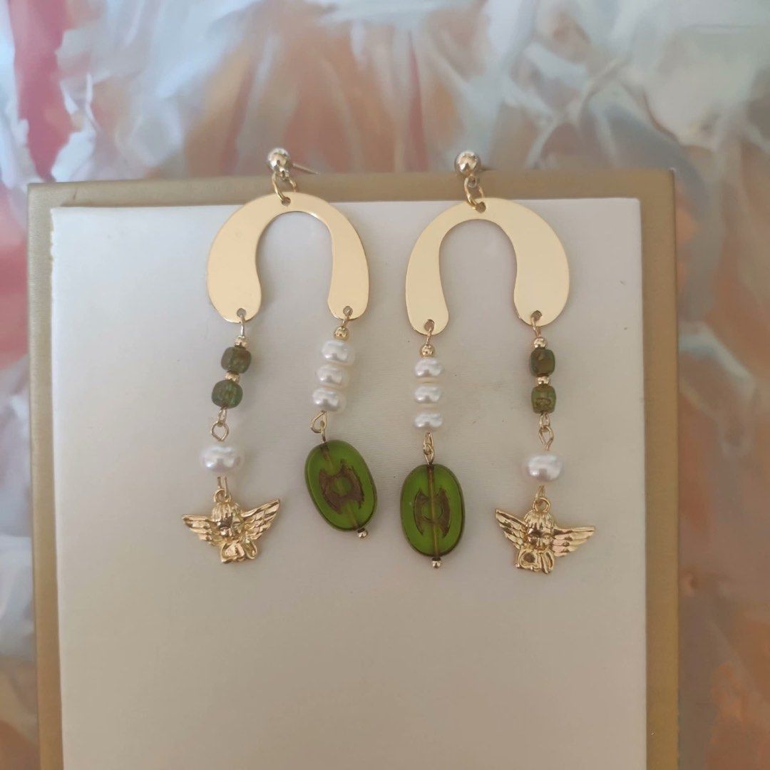 Hall of Tenders| Freshwater Pearl Earrings | Dangling Design| Angle Charms| Clear Quartz Freeform | Heart Charm| Handmade | Original Pieces