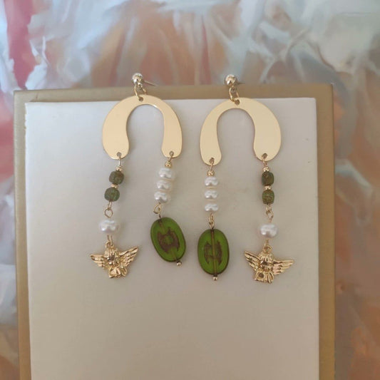 Hall of Tenders| Freshwater Pearl Earrings | Dangling Design| Angle Charms| Clear Quartz Freeform | Heart Charm| Handmade | Original Pieces