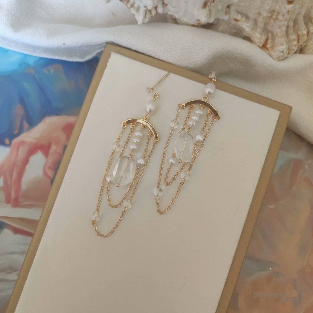 Hall of Tenders| Freshwater Pearl Earrings | Dangling Design| Angle Charms| Clear Quartz Freeform | Heart Charm| Handmade | Original Pieces
