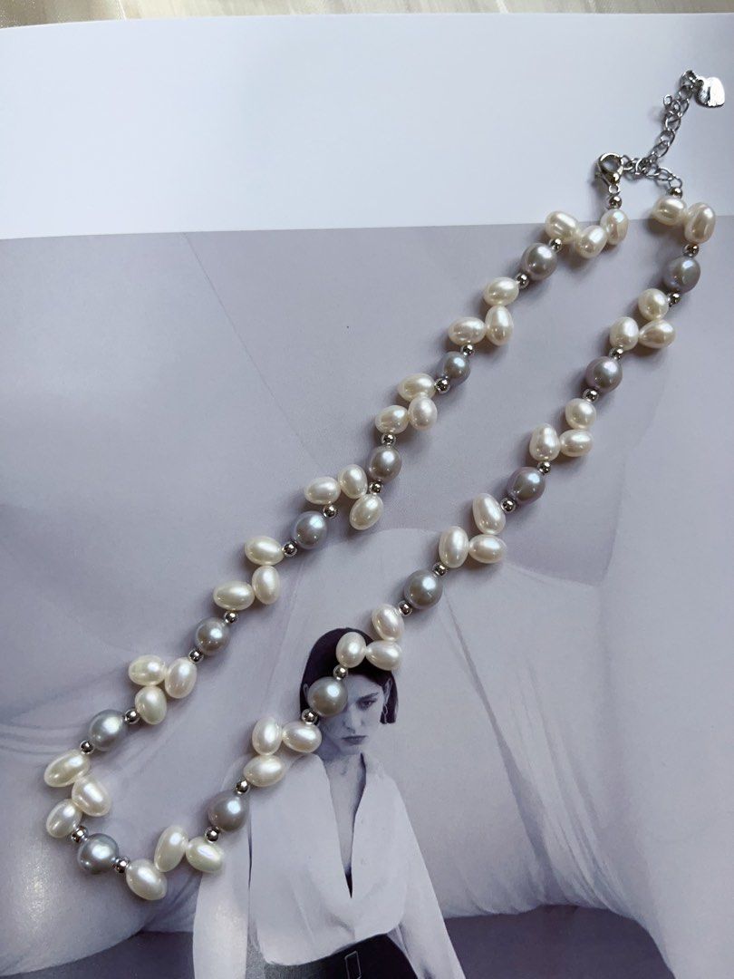 #PN575 Handmade Original Design |Freshwater Pearl Necklace |Grey & White “Ears of Wheat”
