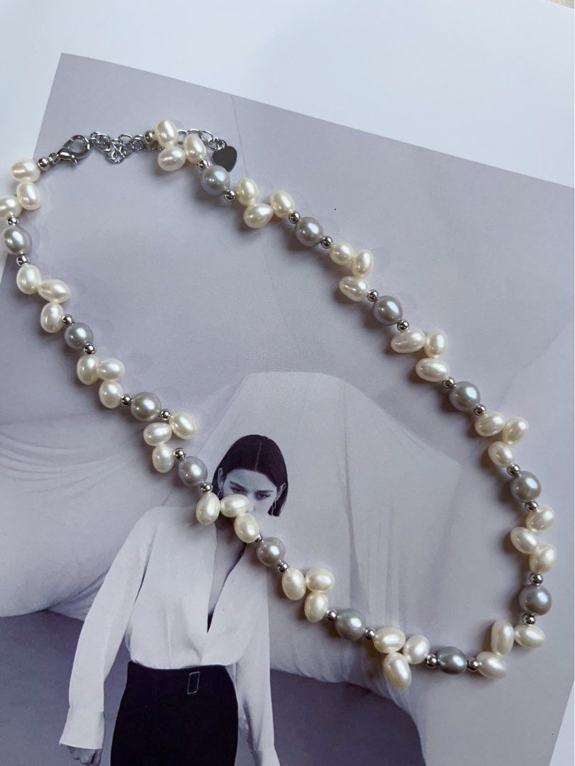 #PN575 Handmade Original Design |Freshwater Pearl Necklace |Grey & White “Ears of Wheat”