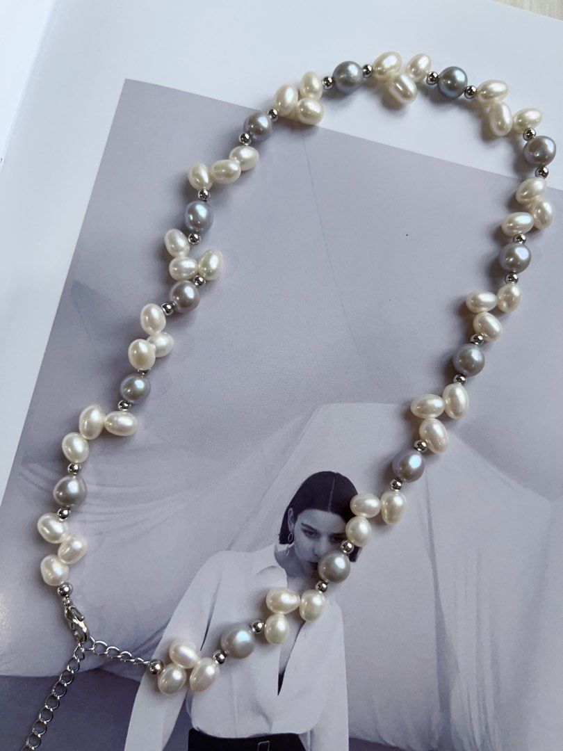 #PN575 Handmade Original Design |Freshwater Pearl Necklace |Grey & White “Ears of Wheat”