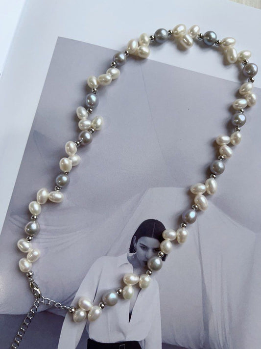 #PN575 Handmade Original Design |Freshwater Pearl Necklace |Grey & White “Ears of Wheat”