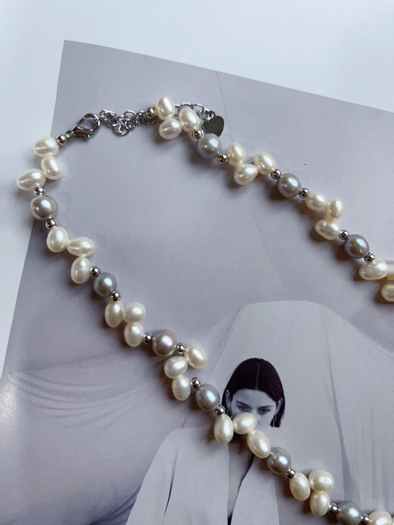 #PN575 Handmade Original Design |Freshwater Pearl Necklace |Grey & White “Ears of Wheat”