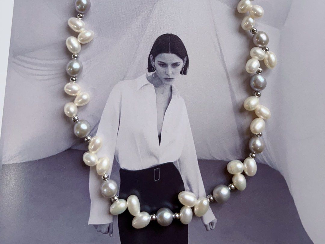 #PN575 Handmade Original Design |Freshwater Pearl Necklace |Grey & White “Ears of Wheat”