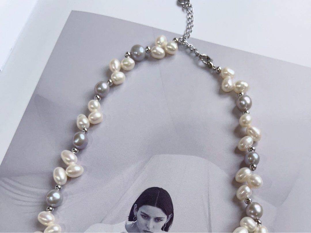 #PN575 Handmade Original Design |Freshwater Pearl Necklace |Grey & White “Ears of Wheat”