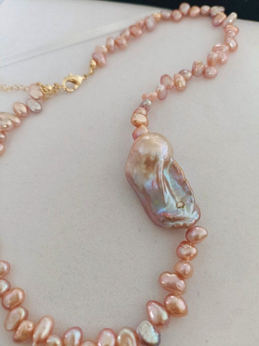 #PN573 Handmade Original Design Freshwater Baroque Pearl Necklace |Big Baroque Pearl 35mm|Champagne-Purple Colour |Superb Lustre