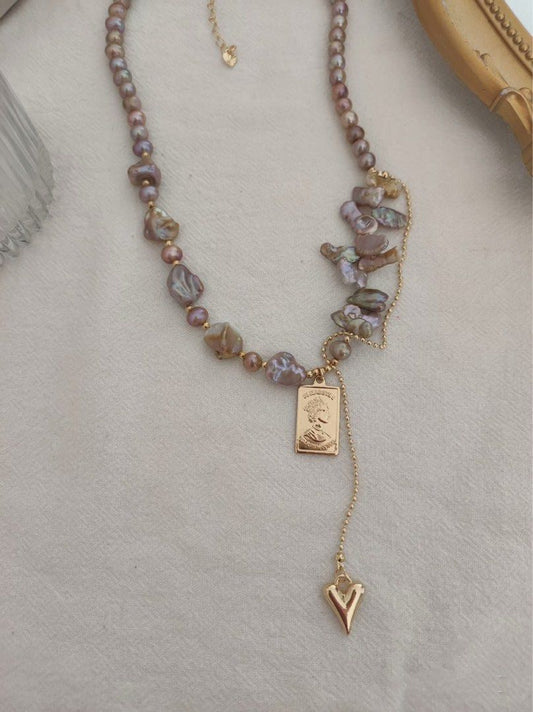 #PN520 [Clearance Sale] Heart on Plate|Freshwater Pearl Necklace |Lute Shaped Pearl |Irregular Baroque Pearl |Dark Golden-ish Purple |Dripping Heart