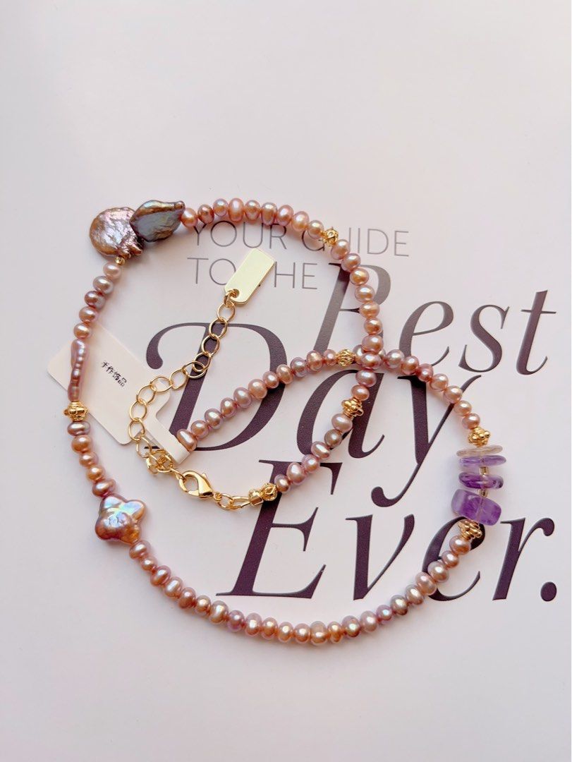 #PN500 Industrial Raw| Freshwater Pearl Necklace |Purple Quartz | Purple Baroque Pearl |Excellent Metallic Luster