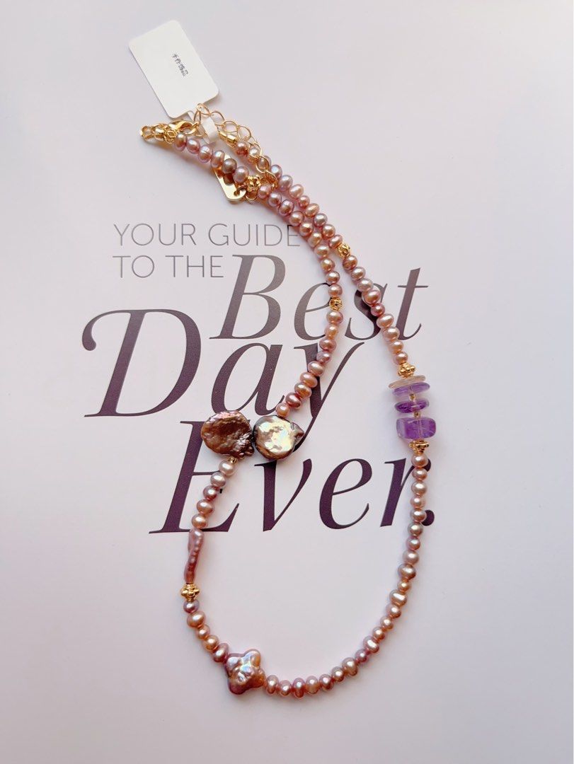#PN500 Industrial Raw| Freshwater Pearl Necklace |Purple Quartz | Purple Baroque Pearl |Excellent Metallic Luster