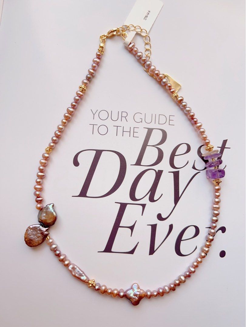 #PN500 Industrial Raw| Freshwater Pearl Necklace |Purple Quartz | Purple Baroque Pearl |Excellent Metallic Luster