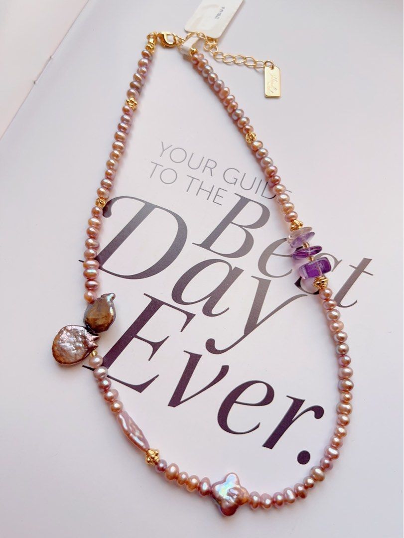 #PN500 Industrial Raw| Freshwater Pearl Necklace |Purple Quartz | Purple Baroque Pearl |Excellent Metallic Luster