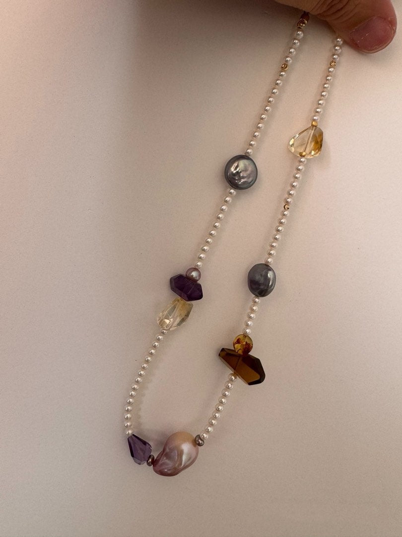 #PN460 Love Story |Freshwater Pearl Necklace |Flawless Baby Pearl|Yellow Quartz |Purple Quartz |Big Purple Baroque Pearl |Dark Purple Coin Pearl |Amber