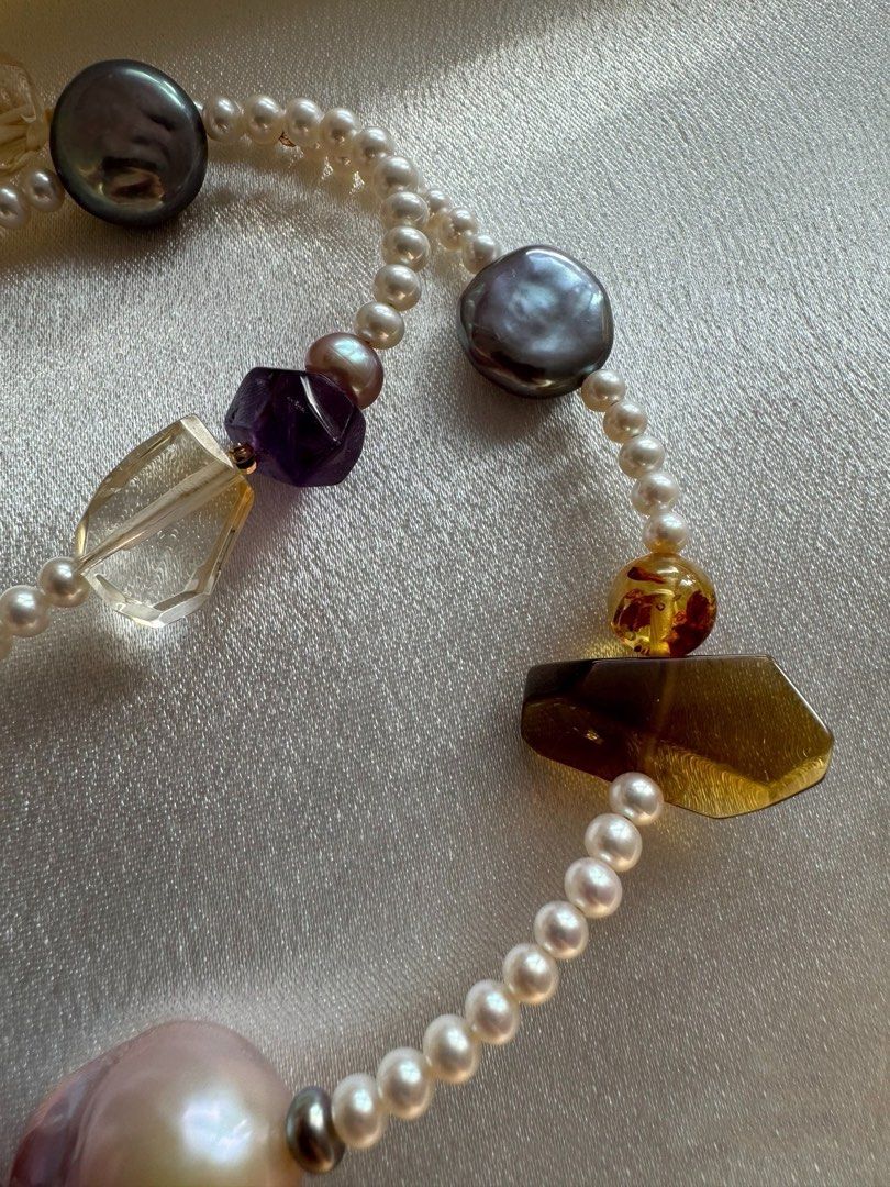 #PN460 Love Story |Freshwater Pearl Necklace |Flawless Baby Pearl|Yellow Quartz |Purple Quartz |Big Purple Baroque Pearl |Dark Purple Coin Pearl |Amber