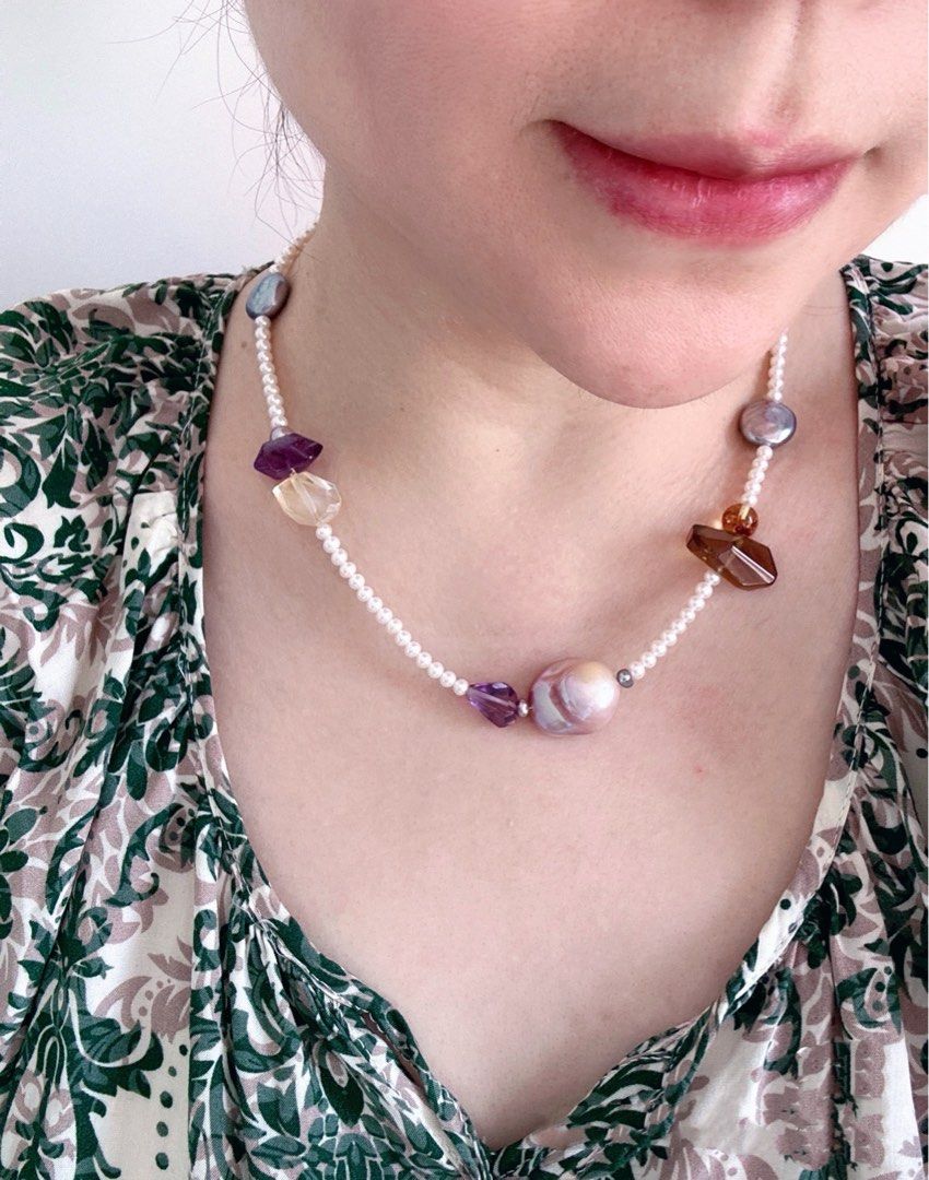 #PN460 Love Story |Freshwater Pearl Necklace |Flawless Baby Pearl|Yellow Quartz |Purple Quartz |Big Purple Baroque Pearl |Dark Purple Coin Pearl |Amber