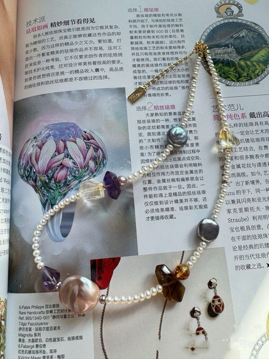 #PN460 Love Story |Freshwater Pearl Necklace |Flawless Baby Pearl|Yellow Quartz |Purple Quartz |Big Purple Baroque Pearl |Dark Purple Coin Pearl |Amber