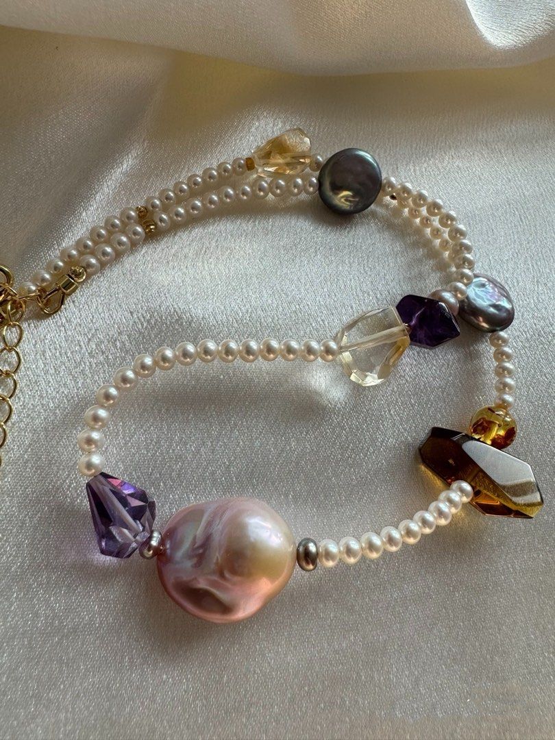 #PN460 Love Story |Freshwater Pearl Necklace |Flawless Baby Pearl|Yellow Quartz |Purple Quartz |Big Purple Baroque Pearl |Dark Purple Coin Pearl |Amber