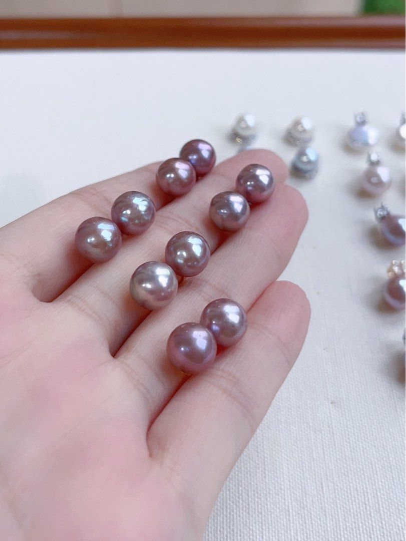 [Sale]Metallic Cold|Freshwater Pearl Ear Studs|Purple Edison Pearls|Zircon|Round Pearl|Water-drop Pearl|7mm-9mm|Gorgeous Lustre