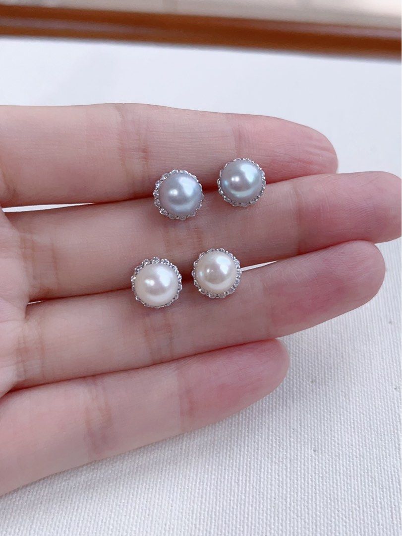 [Sale]Metallic Cold|Freshwater Pearl Ear Studs|Purple Edison Pearls|Zircon|Round Pearl|Water-drop Pearl|7mm-9mm|Gorgeous Lustre