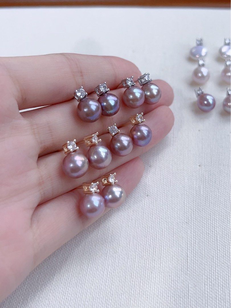 [Sale]Metallic Cold|Freshwater Pearl Ear Studs|Purple Edison Pearls|Zircon|Round Pearl|Water-drop Pearl|7mm-9mm|Gorgeous Lustre