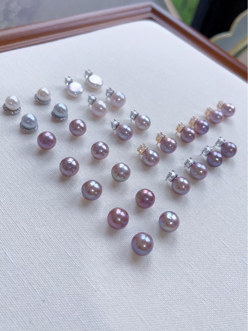 [Sale]Metallic Cold|Freshwater Pearl Ear Studs|Purple Edison Pearls|Zircon|Round Pearl|Water-drop Pearl|7mm-9mm|Gorgeous Lustre