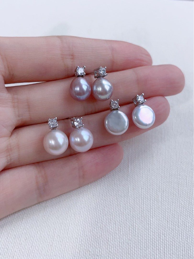 [Sale]Metallic Cold|Freshwater Pearl Ear Studs|Purple Edison Pearls|Zircon|Round Pearl|Water-drop Pearl|7mm-9mm|Gorgeous Lustre