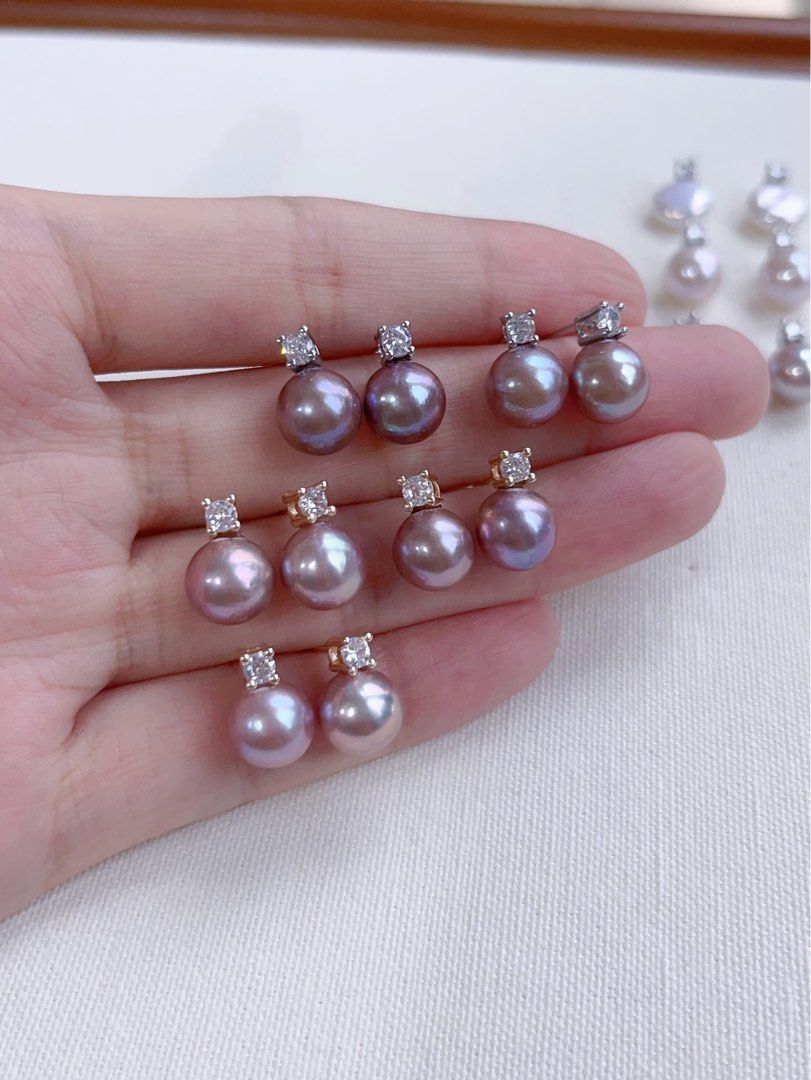 [Sale]Metallic Cold|Freshwater Pearl Ear Studs|Purple Edison Pearls|Zircon|Round Pearl|Water-drop Pearl|7mm-9mm|Gorgeous Lustre