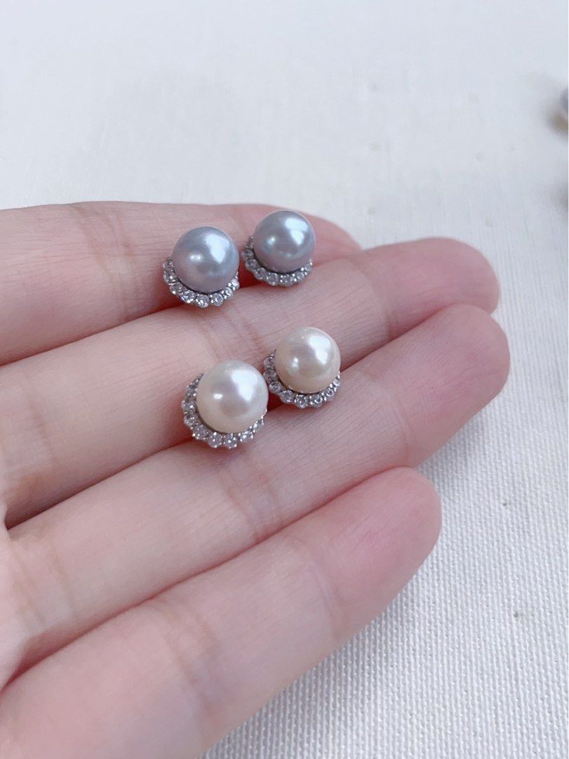 [Sale]Metallic Cold|Freshwater Pearl Ear Studs|Purple Edison Pearls|Zircon|Round Pearl|Water-drop Pearl|7mm-9mm|Gorgeous Lustre