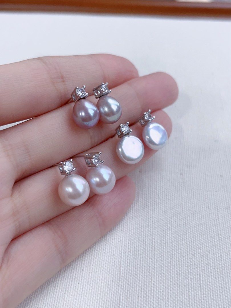 [Sale]Metallic Cold|Freshwater Pearl Ear Studs|Purple Edison Pearls|Zircon|Round Pearl|Water-drop Pearl|7mm-9mm|Gorgeous Lustre