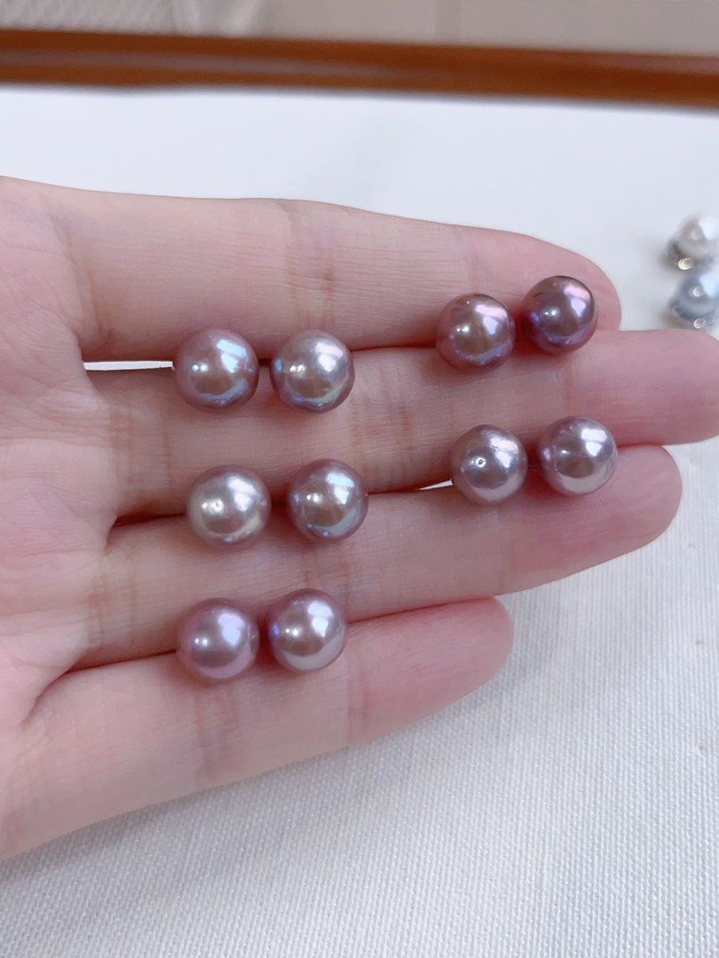 [Sale]Metallic Cold|Freshwater Pearl Ear Studs|Purple Edison Pearls|Zircon|Round Pearl|Water-drop Pearl|7mm-9mm|Gorgeous Lustre