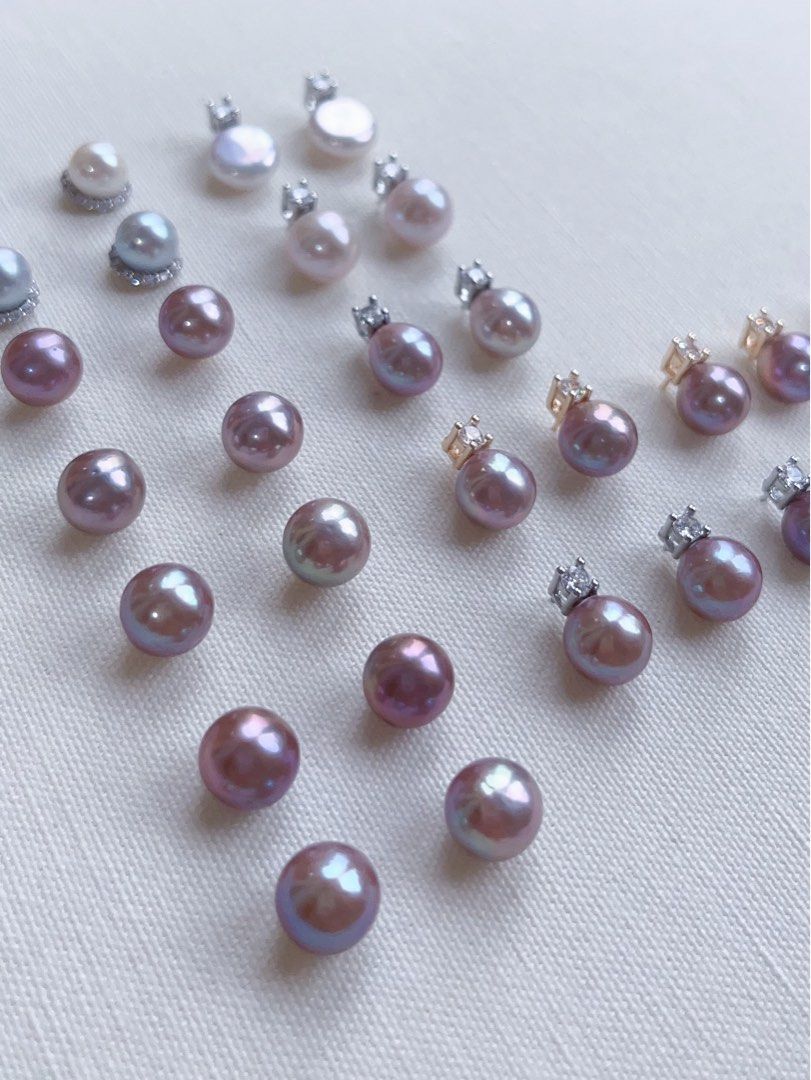 [Sale]Metallic Cold|Freshwater Pearl Ear Studs|Purple Edison Pearls|Zircon|Round Pearl|Water-drop Pearl|7mm-9mm|Gorgeous Lustre