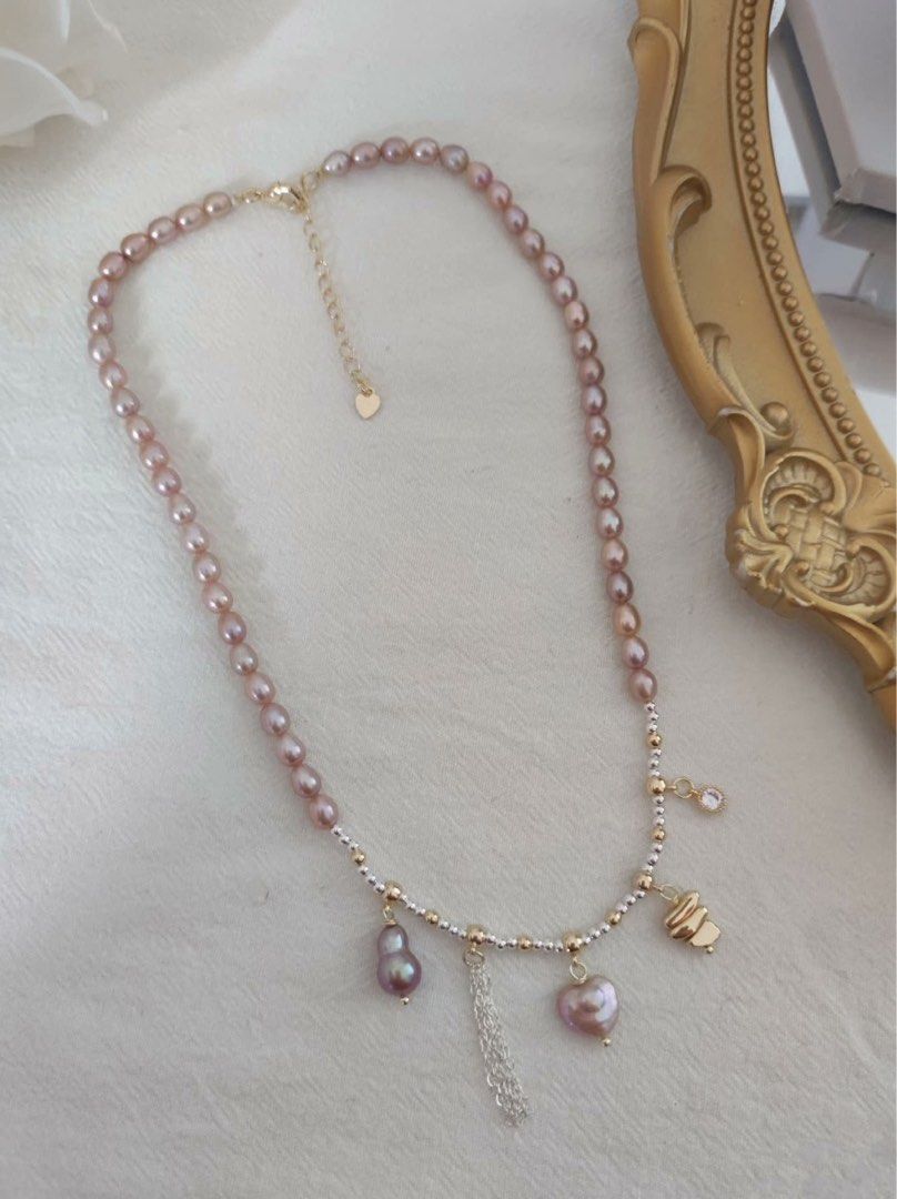 #PN521 Metallic Dripping |Freshwater Pearl Necklace |Heart, Gourd Shaped Pearl |Metallic Lustre |Flawless Rice Pearl |Silver & Golden Colour Mixed