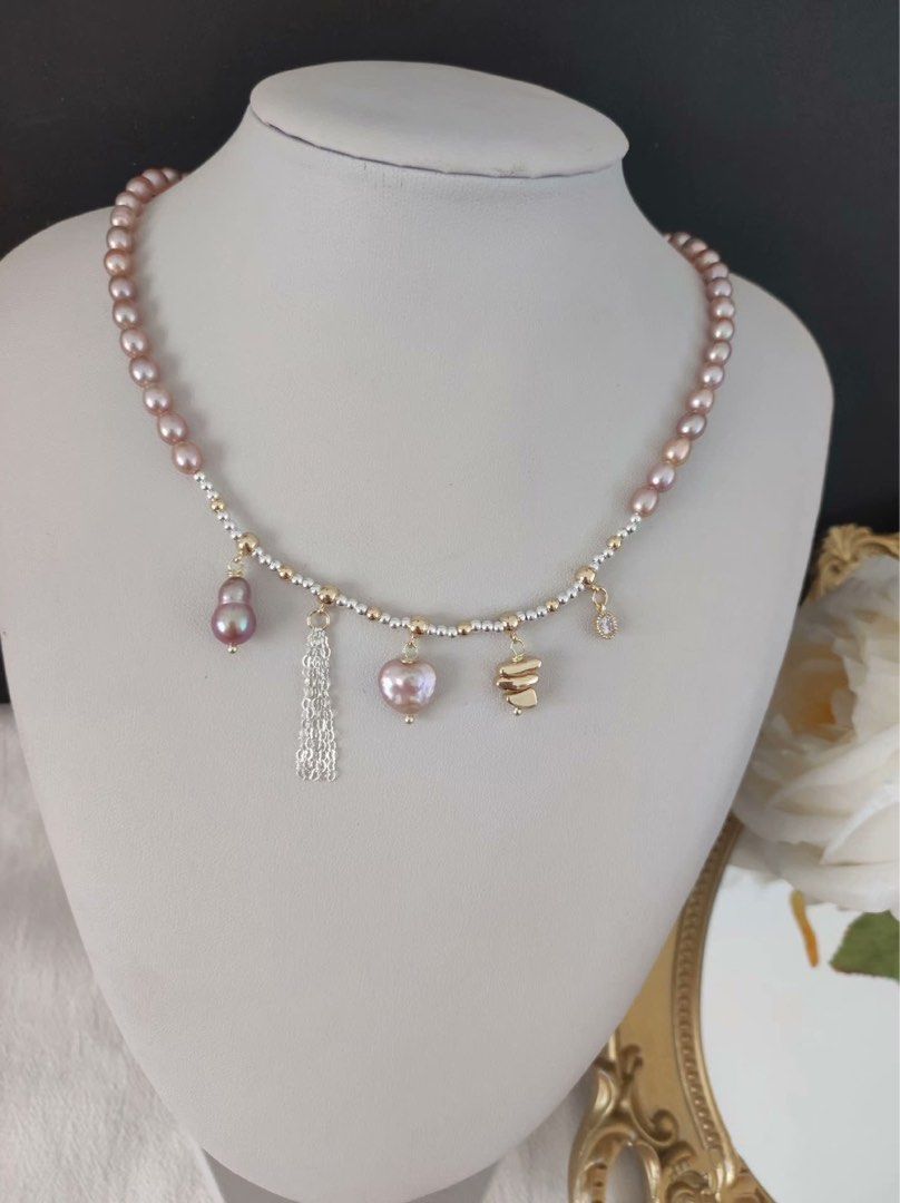 #PN521 Metallic Dripping |Freshwater Pearl Necklace |Heart, Gourd Shaped Pearl |Metallic Lustre |Flawless Rice Pearl |Silver & Golden Colour Mixed