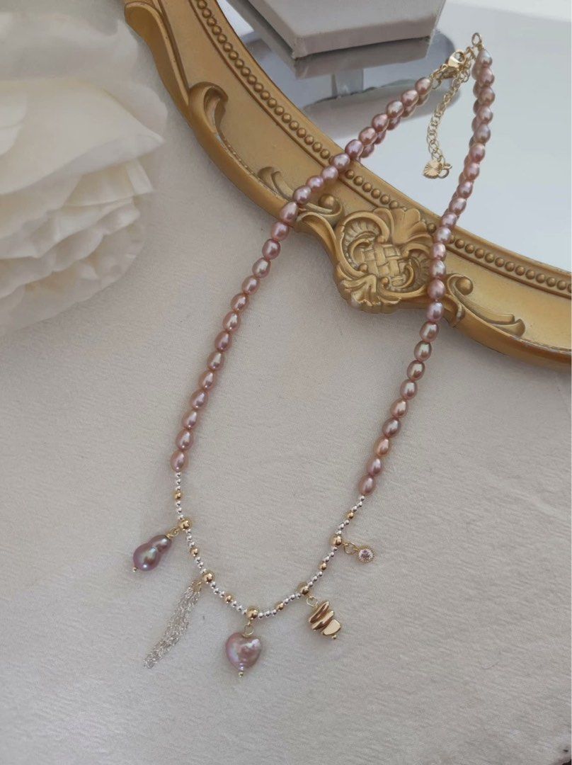 #PN521 Metallic Dripping |Freshwater Pearl Necklace |Heart, Gourd Shaped Pearl |Metallic Lustre |Flawless Rice Pearl |Silver & Golden Colour Mixed