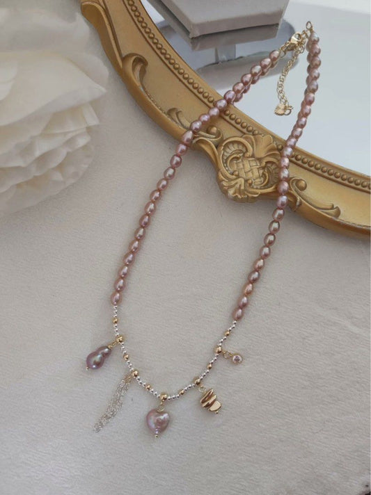 #PN521 Metallic Dripping |Freshwater Pearl Necklace |Heart, Gourd Shaped Pearl |Metallic Lustre |Flawless Rice Pearl |Silver & Golden Colour Mixed