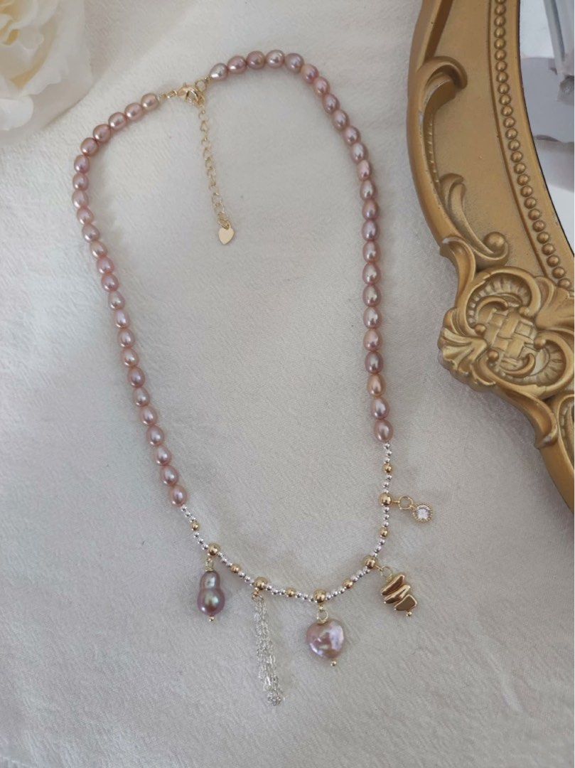 #PN521 Metallic Dripping |Freshwater Pearl Necklace |Heart, Gourd Shaped Pearl |Metallic Lustre |Flawless Rice Pearl |Silver & Golden Colour Mixed