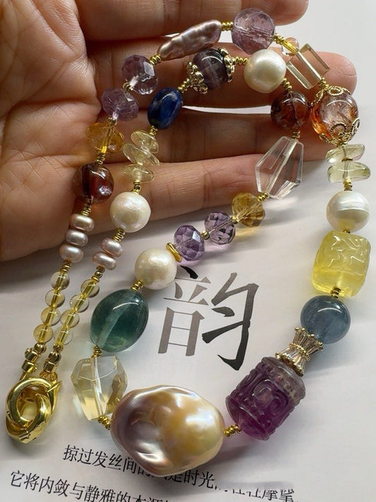 #PN466 Natural Significance |Freshwater Pearl Necklace |Colorful Big Fluorite|Big Purple Baroque Pearl |Supreme Lustre |Cinnabar Stone |Aquamarine|Green Strawberry Quartz Cat Head|Yellow, Purple Quartz