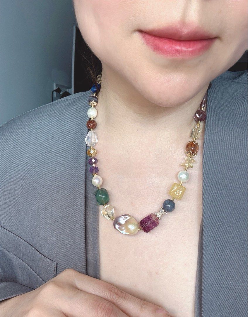 #PN466 Natural Significance |Freshwater Pearl Necklace |Colorful Big Fluorite|Big Purple Baroque Pearl |Supreme Lustre |Cinnabar Stone |Aquamarine|Green Strawberry Quartz Cat Head|Yellow, Purple Quartz