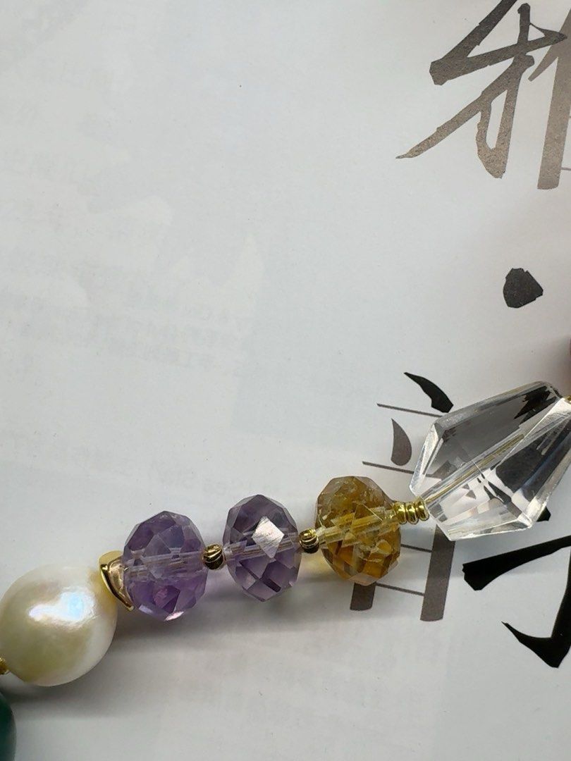 #PN466 Natural Significance |Freshwater Pearl Necklace |Colorful Big Fluorite|Big Purple Baroque Pearl |Supreme Lustre |Cinnabar Stone |Aquamarine|Green Strawberry Quartz Cat Head|Yellow, Purple Quartz