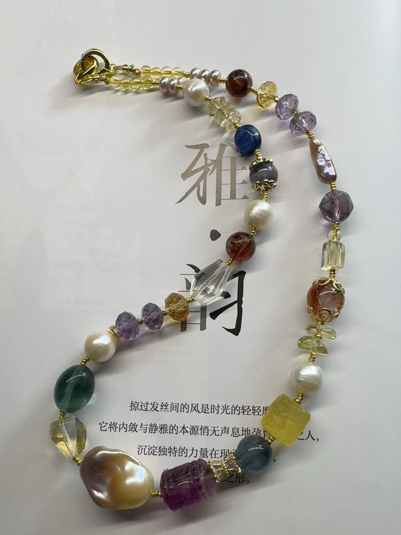 #PN466 Natural Significance |Freshwater Pearl Necklace |Colorful Big Fluorite|Big Purple Baroque Pearl |Supreme Lustre |Cinnabar Stone |Aquamarine|Green Strawberry Quartz Cat Head|Yellow, Purple Quartz