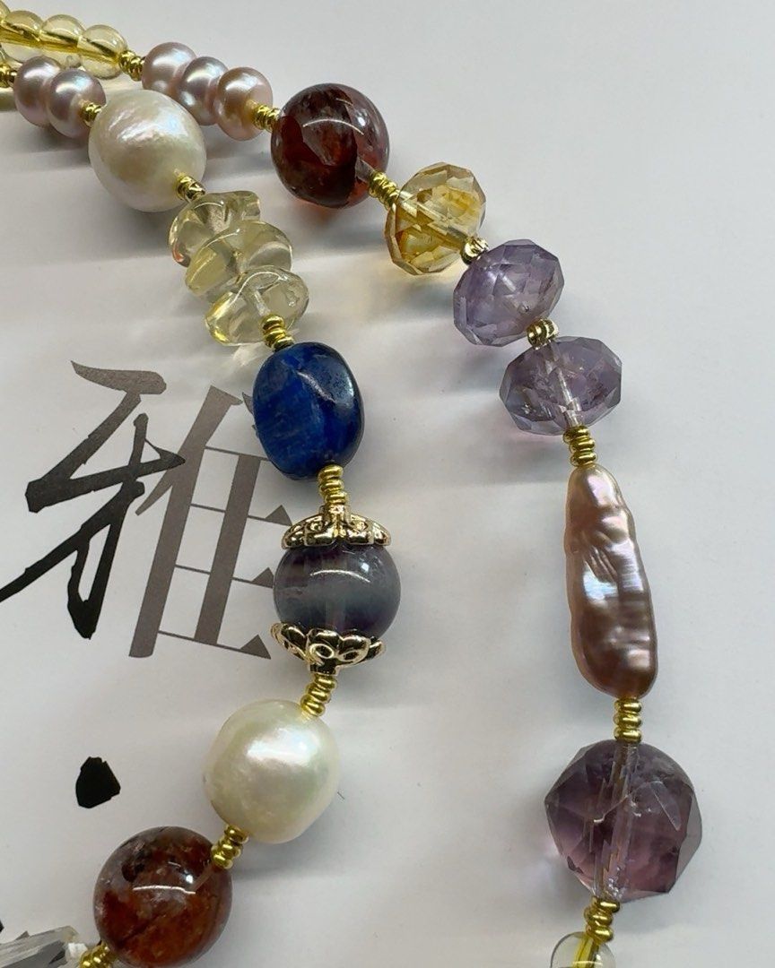 #PN466 Natural Significance |Freshwater Pearl Necklace |Colorful Big Fluorite|Big Purple Baroque Pearl |Supreme Lustre |Cinnabar Stone |Aquamarine|Green Strawberry Quartz Cat Head|Yellow, Purple Quartz