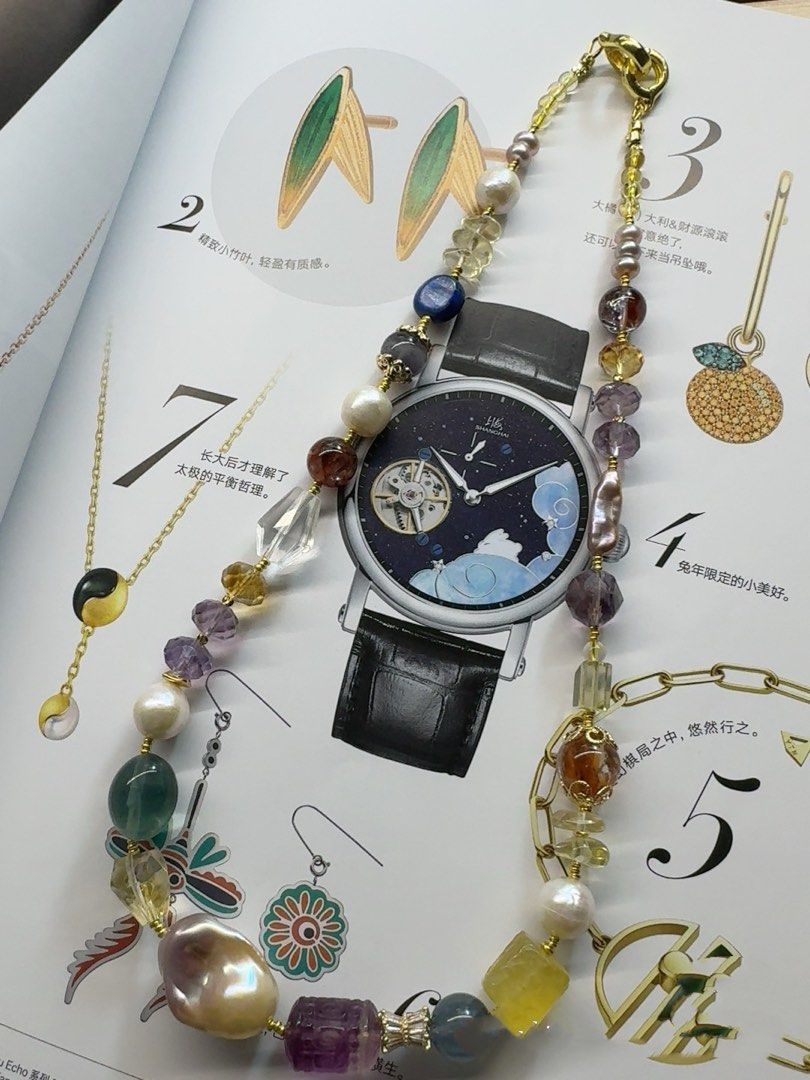 #PN466 Natural Significance |Freshwater Pearl Necklace |Colorful Big Fluorite|Big Purple Baroque Pearl |Supreme Lustre |Cinnabar Stone |Aquamarine|Green Strawberry Quartz Cat Head|Yellow, Purple Quartz