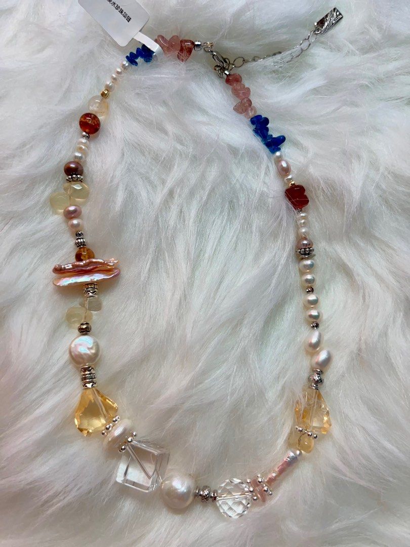 #PN542 Nature’s Palette | Freshwater Pearl Necklace | Apatite Chip| Strawberry Quartz Chip| Garnet Abacus| Fire Quartz | Waterdrop Opal| Lute Baroque | Citrine Freeform | Clear Quartz Square