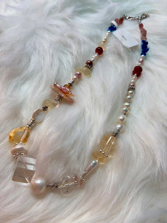 #PN542 Nature’s Palette | Freshwater Pearl Necklace | Apatite Chip| Strawberry Quartz Chip| Garnet Abacus| Fire Quartz | Waterdrop Opal| Lute Baroque | Citrine Freeform | Clear Quartz Square