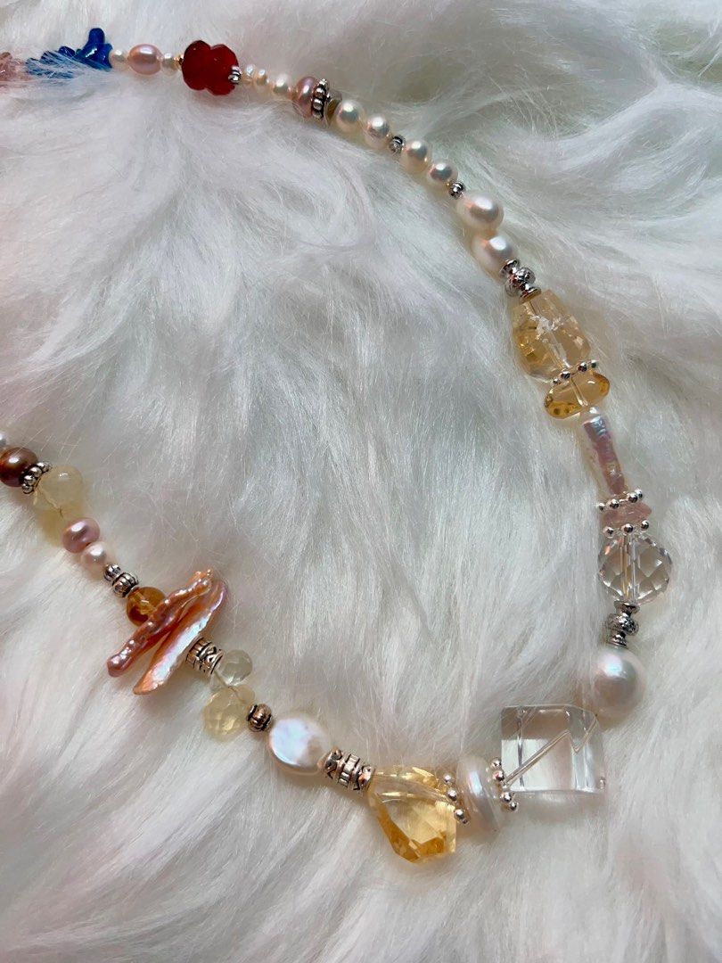 #PN542 Nature’s Palette | Freshwater Pearl Necklace | Apatite Chip| Strawberry Quartz Chip| Garnet Abacus| Fire Quartz | Waterdrop Opal| Lute Baroque | Citrine Freeform | Clear Quartz Square