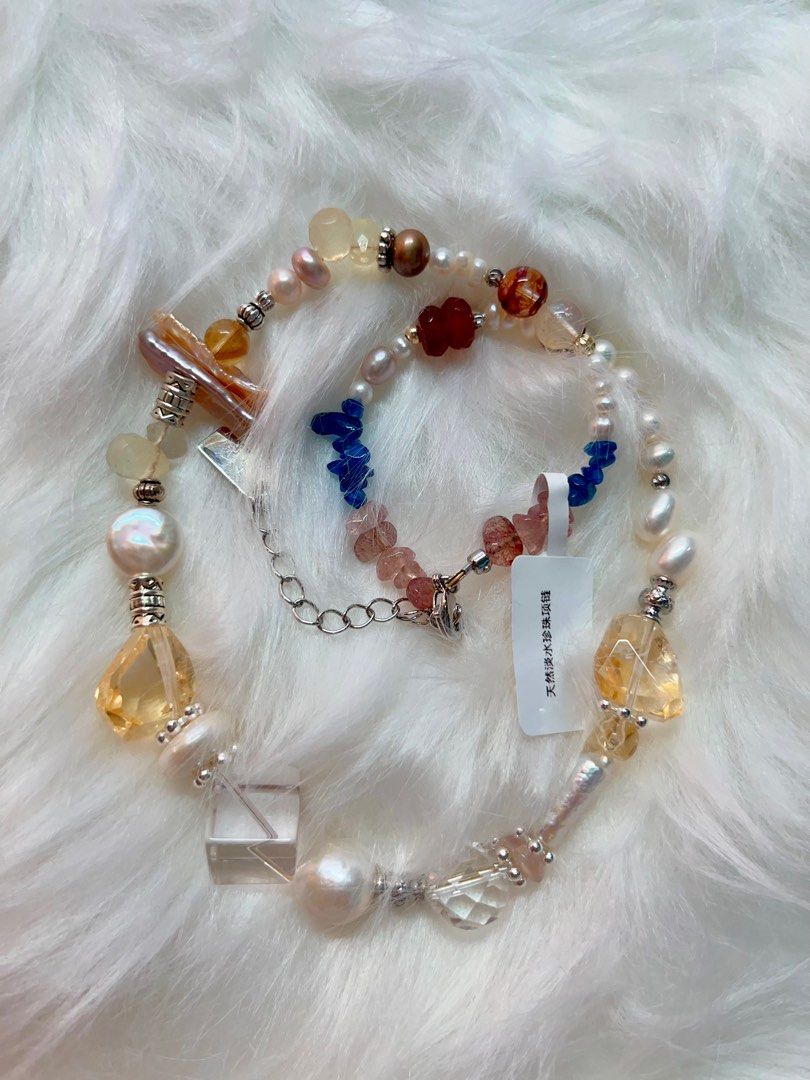 #PN542 Nature’s Palette | Freshwater Pearl Necklace | Apatite Chip| Strawberry Quartz Chip| Garnet Abacus| Fire Quartz | Waterdrop Opal| Lute Baroque | Citrine Freeform | Clear Quartz Square