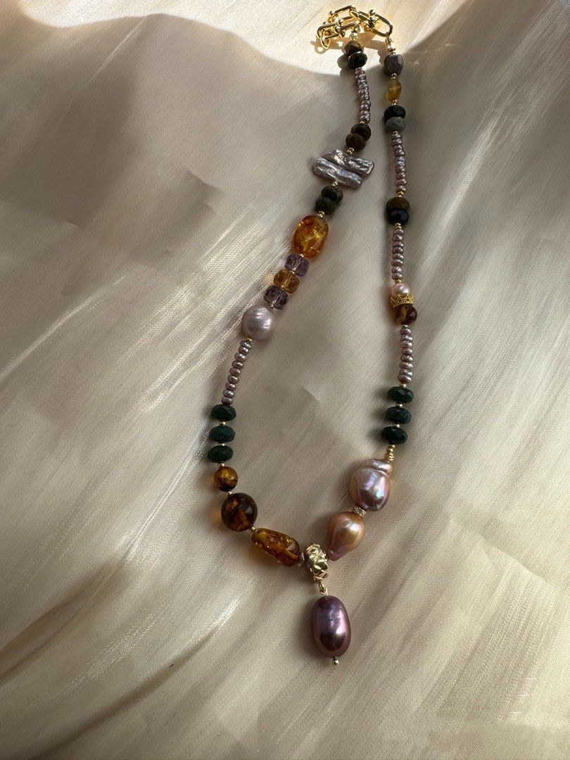 #PN462 Night Elf|Freshwater Pearl Necklace |Big Purple Baroque Pearl |Wrinkled Pearl |Removable Pendant |Jade|Amber|Purple, Yellow Quartz |Lute Pearl