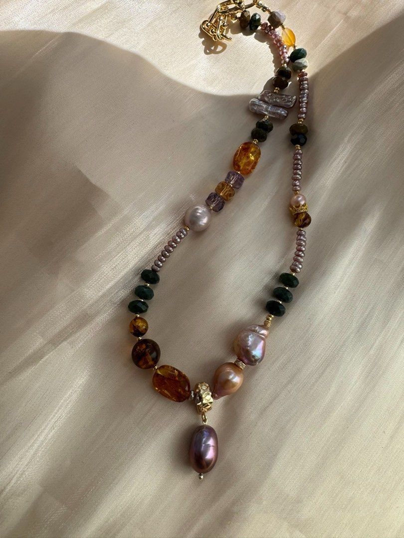 #PN462 Night Elf|Freshwater Pearl Necklace |Big Purple Baroque Pearl |Wrinkled Pearl |Removable Pendant |Jade|Amber|Purple, Yellow Quartz |Lute Pearl